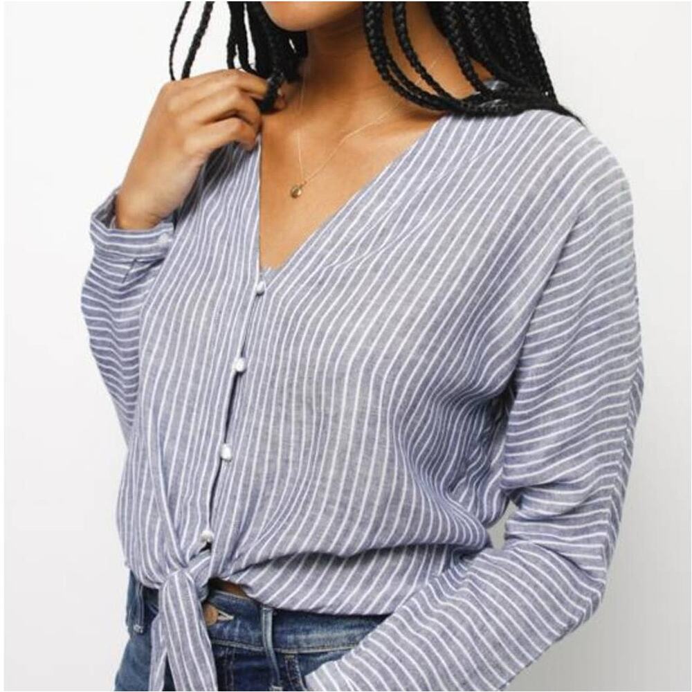 Rails Sloan Linen Blend Striped Tie Waist Crop Long Sleeve Top Blue White Medium